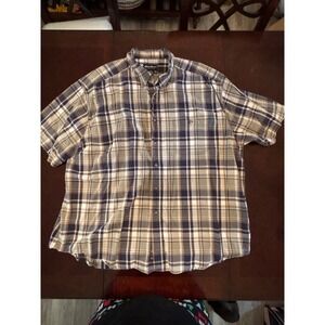 Eddie Bauer Mens XXXL Short Sleeve Plaid Button Down Shirt 100% Cotton Blue Tan